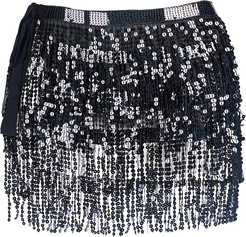 Women Belly Dance Skirt Tassel Fringe Skirts Sparkly Sequin Hip Scarf Party Costume