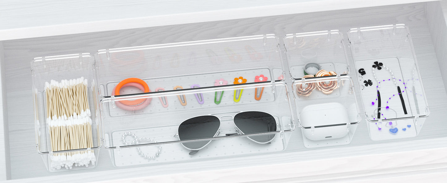 WOWBOX 6 Pack Clear Drawer Organizer Set, Acrylic Drawer Storage Trays, Storage Bins for Makeup, Cosmetics, Jewelries, Utensils, Gadgets, Office