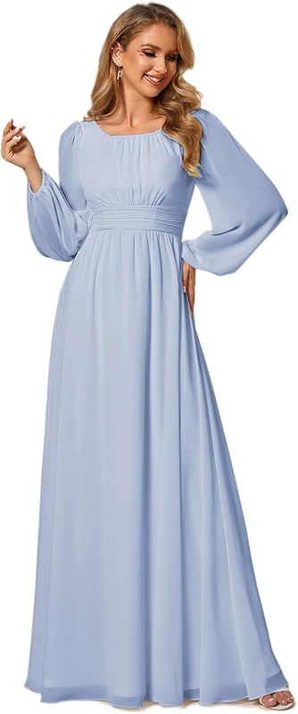 Ever-Pretty Women's Crewneck Long Lantern Sleeves Floor Length A-Line Pleated Chiffon Formal Dress 0106B