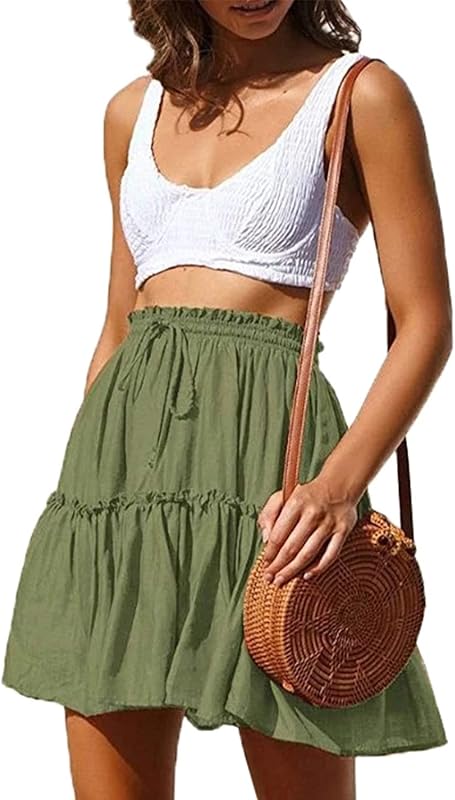 Hoerev Womens Girls Floral Flared Short Skirt Cute High Waist Ruffle Skirt Beach Mini Skirt