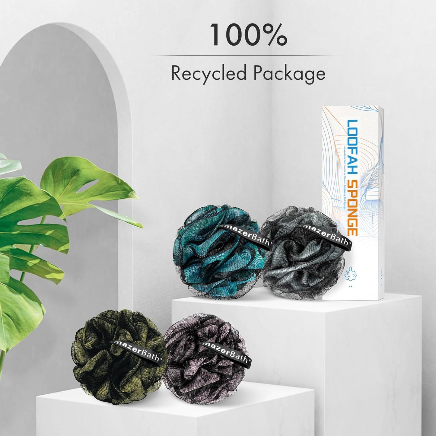 AmazerBath Charcoal Loofah Sponge, Shower Loofah 60g/PCS - Body Scrubber Loofa Set of 4 - Charcoal Blue, Gray, Pink & Army Green, Bath Sponge for Men and Women