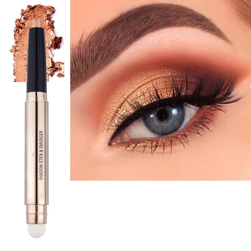 2 in 1 eyeshadow stick and Sponge Makeup Brush, Smooth Cream Shimmer Shadow Pencil Long Lasting Waterproof Eye Shadow Highlighter Stick Makeup , Hypoallergenic Highlighter Multi-Dimensional eyes Look