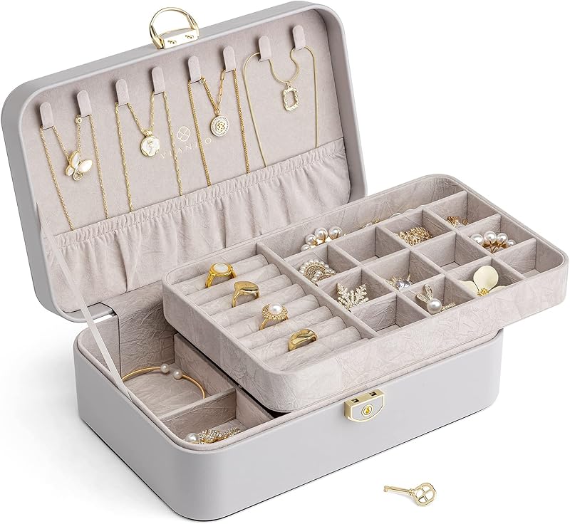 Vlando Jewelry Box Organizer for Women Girls, 2 Layer Jewelry Case with Lock,Jewelry Storage Earrings Necklace,Rings,Gift for Teachers Wedding Birthday Gifts-Cream White