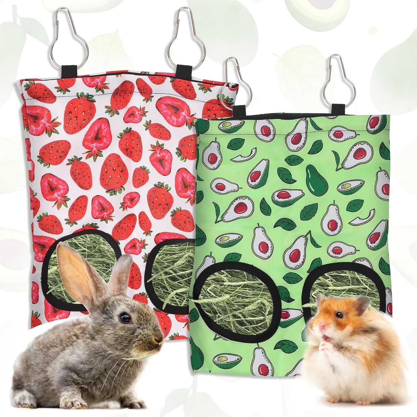 2 Packs Rabbit Hay Feeder Bag Strawberry Avocado Guinea Pig Hanging Hay Feeding Bag with 2 Holes Pet Storage Dispenser for Chinchilla Hamster Bunny Small Pet Animals