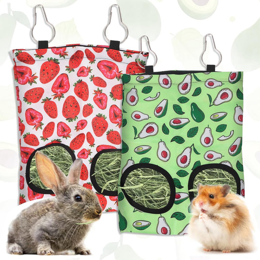 2 Packs Rabbit Hay Feeder Bag Strawberry Avocado Guinea Pig Hanging Hay Feeding Bag with 2 Holes Pet Storage Dispenser for Chinchilla Hamster Bunny Small Pet Animals