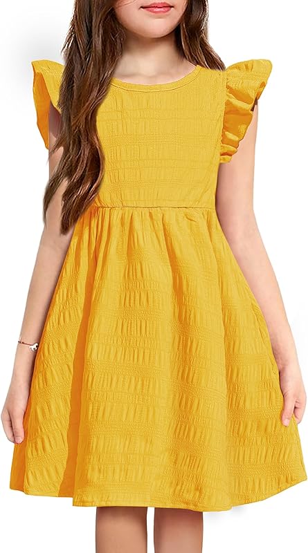 Arshiner Girls Dress Casual Ruffle Sleeveless A Line Summer Dresses with Pockets 4-12 Years