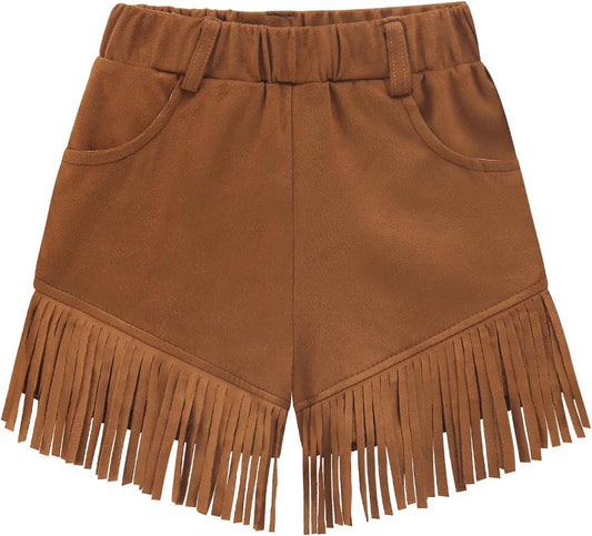 Noomelfish Kids Faux Suede Fringe Shorts Tassel Cowgirl Outfits with Pockets (5-12 Years)