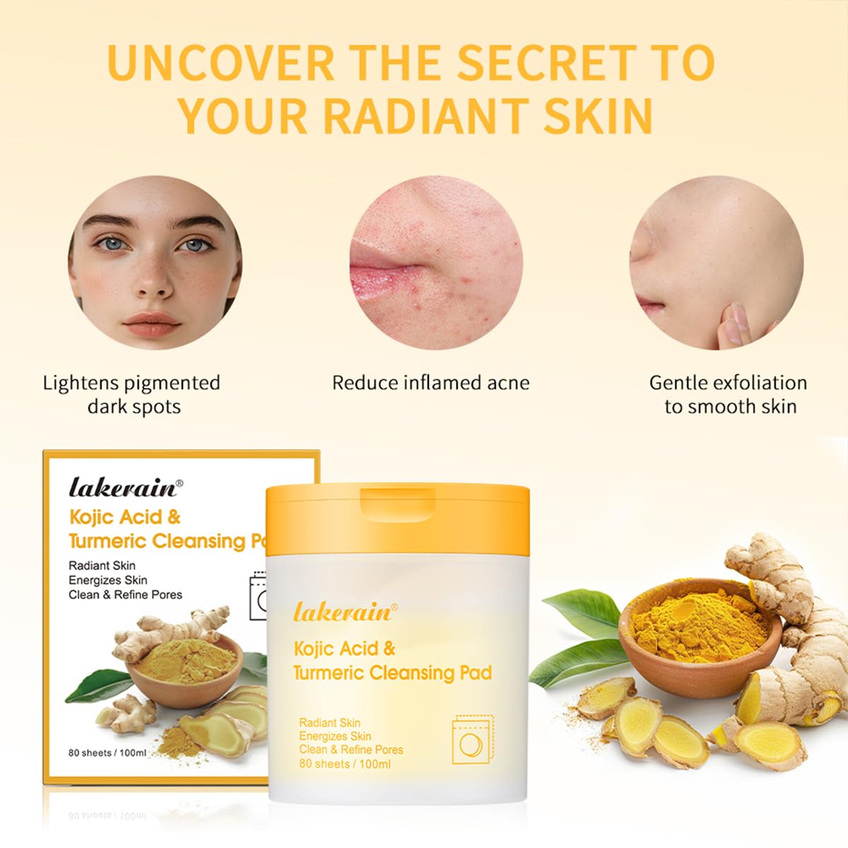 Turmeric Cleansing Pads 80 Counts, Turmeric Face Scrub Pads Exfoliating Face for deep cleansing Balance Skin Oil