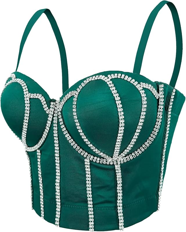 Women's Handmade Rhinestone Diamond Push up Bustier Crop Top Punk Corset Bra Vest With Detachable Strap