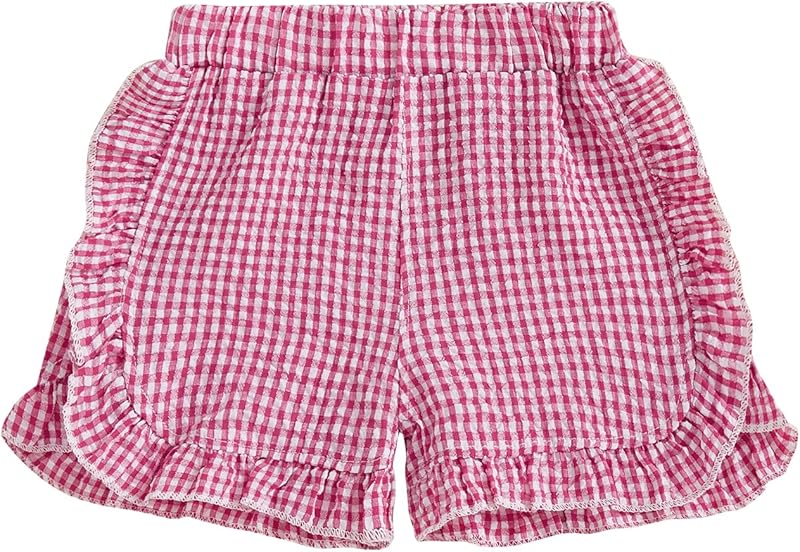 Karuedoo Toddler Baby Girl Shorts Casual Summer Gingham Plaid/Seersucker Elastic Waist Ruffle Hem Shorts Bottoms