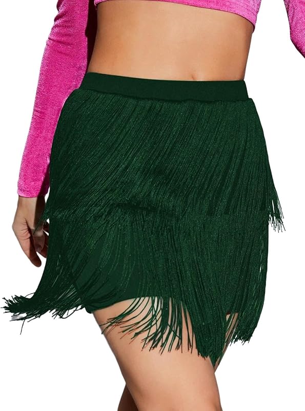 WDIRARA Women's Fringe Skirt High Waisted Tiered Dance Party Layered Swing Mini Skirt