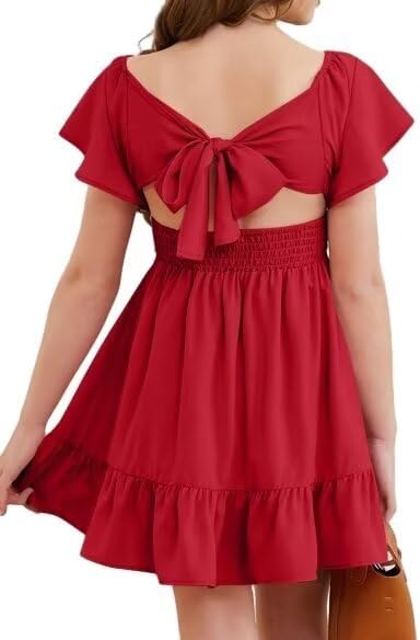 Girls Elegant Ruffle Short Sleeve Back Tie Dresses 6-13 Years Old