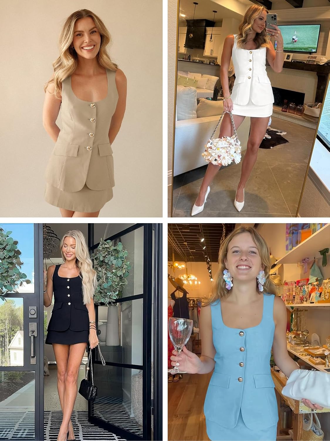 Cicy Bell Womens Summer 2 Piece Outfits Sleeveless Scoop Neck Fitted Blazer Vest Matching Set Mini Skirt Short Suit Work Sets
