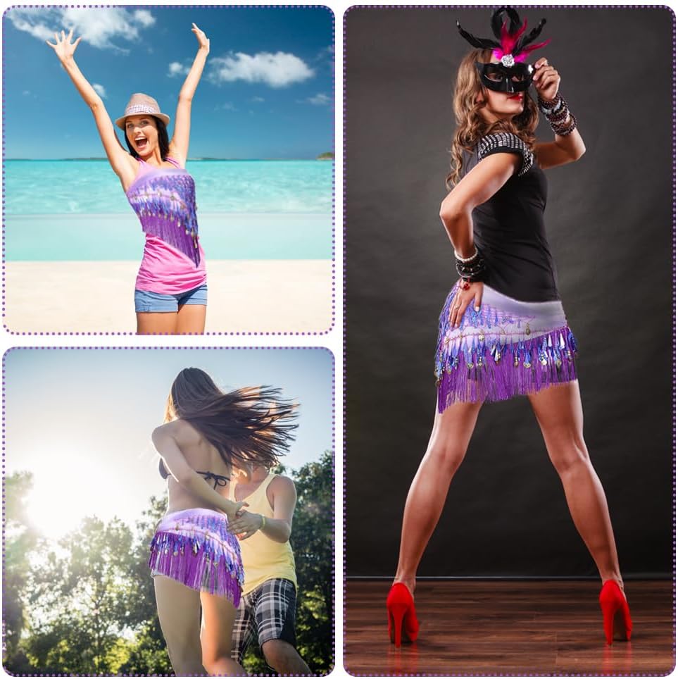 SITAKEGS Belly Dance Hip Scarfs,Girls/Women's Wave Shape Skirts Wrap with Sequin,Purple Chiffon Tassel Skirt Waist Costume Belt for Festival Club Summer Beach Dance