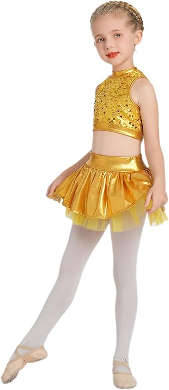 IBAKOM Girls Sequins Dance Outfits Halter Metallic Crop Top Camisole Tutu Skirt Hip Hop Clothes Kids Jazz Dance Costume