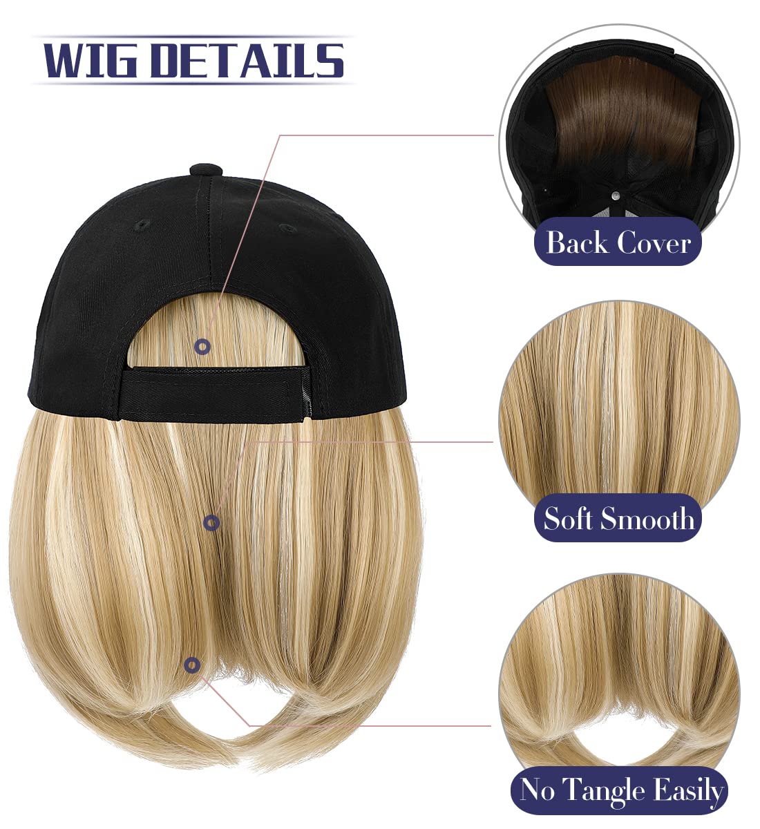 Qlenkay Baseball Cap with Hair Extensions Straight Short Bob Hairstyle Adjustable Removable Wig Hat 14inch for Woman Girl Ash Blonde Mix Bleach Blonde