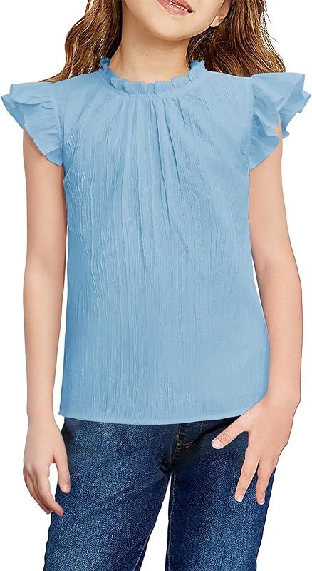 Arshiner Girls Ruffle Short Sleeve Shirts Cute Summer Frill Neck Pleated Textured Blouse Tops