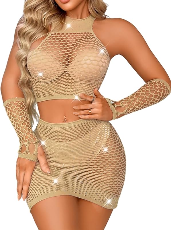 Kaei&Shi Rave Outfits for Women Festival,Glitter Rhinestone Fishnet Skirt Set,Sexy Mesh Swimsuit Cover Up Pool Party Outfit