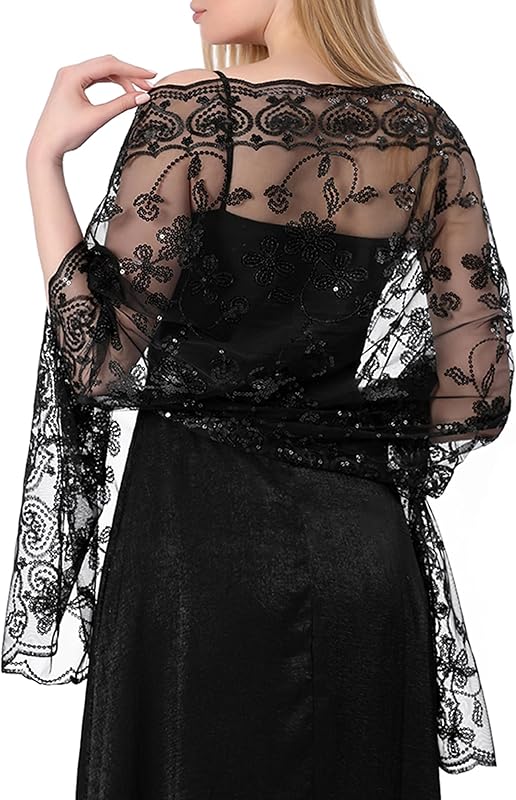 Shawls and Wraps for Evening Dresses,Women Formal 1920s Sequin Flower Sheer Shawls and Wraps for Wedding-