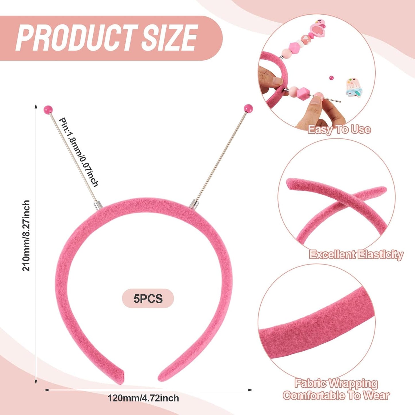 Beadthoven 5Pcs DIY Beadable Headbands Cute Fabric Wrapped Plastic Beaded Headbands Elastic Bead Headband for Women DIY Hair Accessories Party Birthday Christmas Decorations Hot Pink