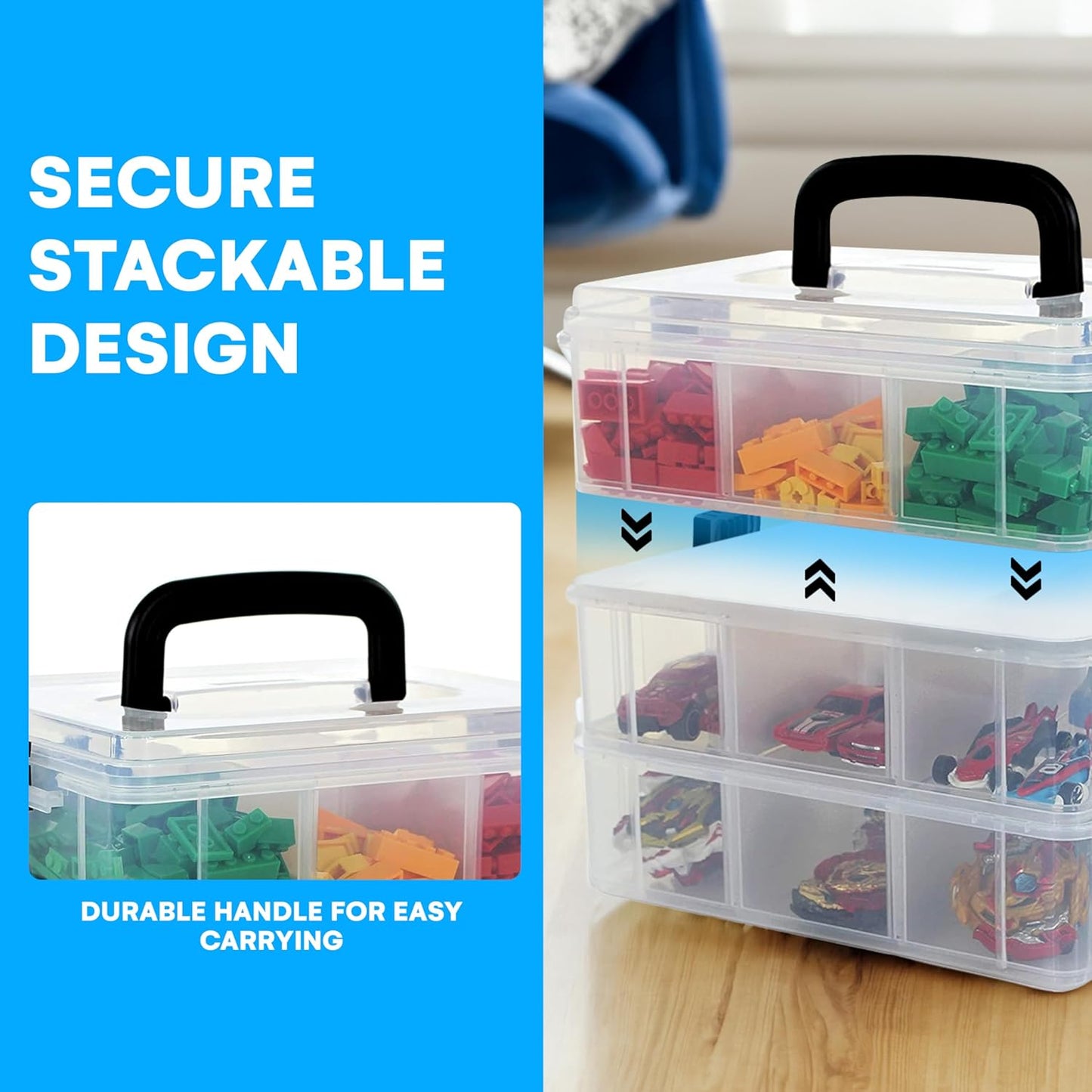 Bins & Things Clear 3-Tier Stackable Storage Containers with Lids - 18 Adjustable Compartments for Bead - Organizing Drawers for Jewelry, Kids Toys, Makeup