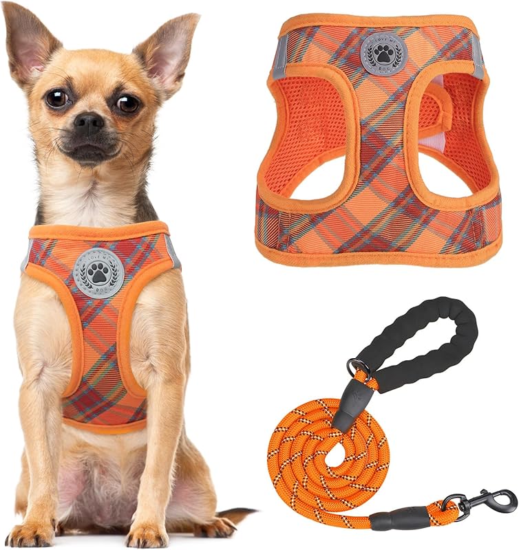 BEAUTYZOO Plaid Dog Harness and Leash Set for XS S Pets, Step-in No Choke No Pull Soft Mesh Vest Harness, Reflective for Extra-Small/Small Medium Puppy Dogs and Cats, Beige S