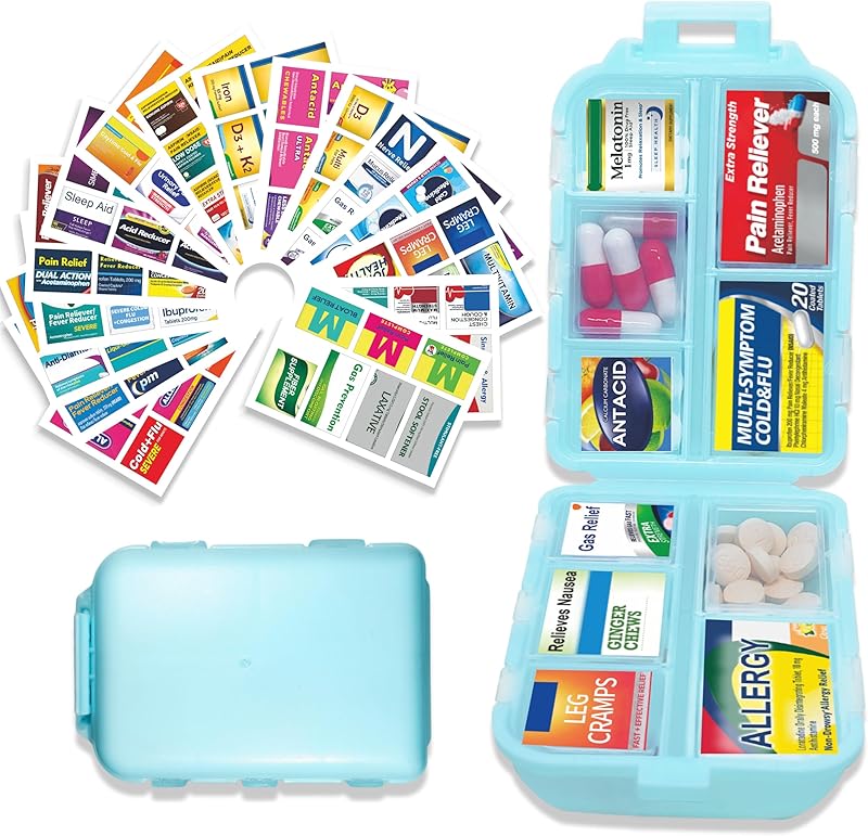 Pill Organizer with Medicine Labels 146 Labels Travel Daily Pill Container Mini Medication Organizer Storage Pill Organizer Travel Essentials Pill Case 7 Day (Purple, 1 Pack(Large))