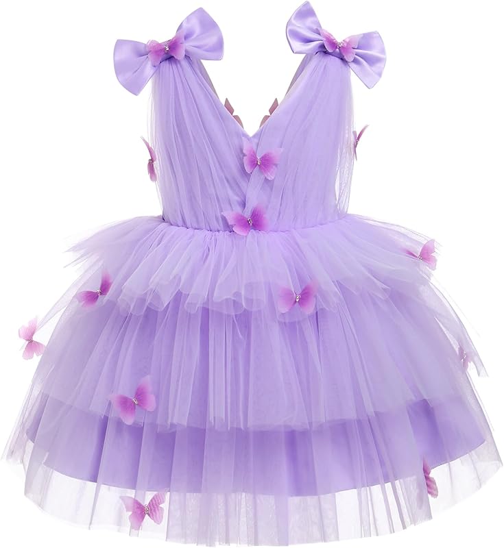 IMEKIS Toddler Girls Butterfly Birthday Dress Rainbow Tulle Formal Wedding Party Ruffle Tutu Dresses Photo Shoot
