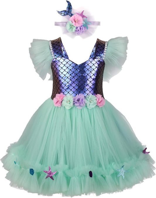 Kids Girls Mermaid Tutu Dress Outfit Fly Sleeve Tulle Patchwork A-line Dress with Headband