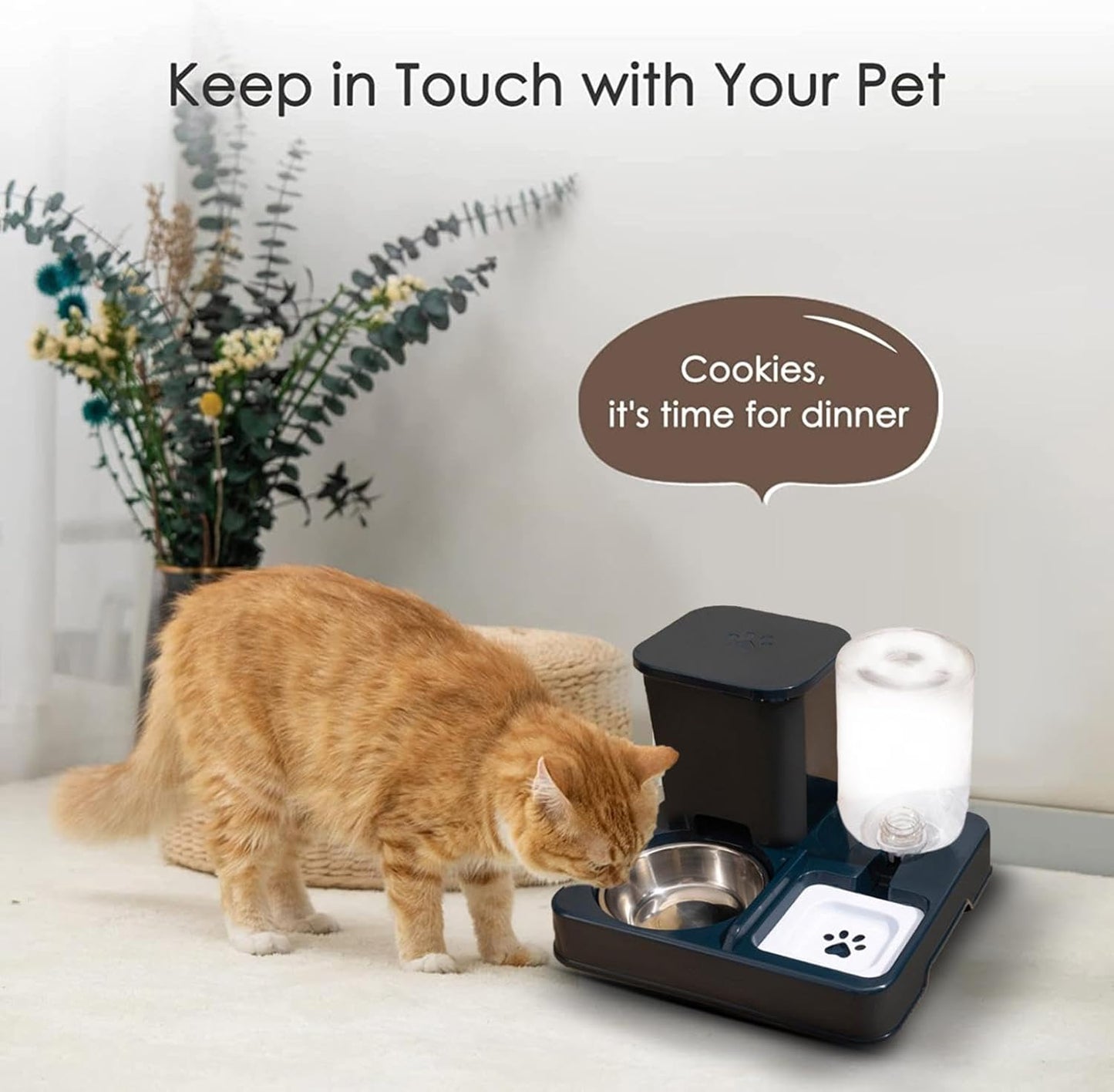 Automatic Pet Feeder, Cat Food and Water Bowl Set, Removable 2 in 1 Feeder and Waterer Set, This Two-Piece Set is Suitable for Pet Feeding, Including Small and Medium-Sized Dogs, Kittens (Dark Blue)