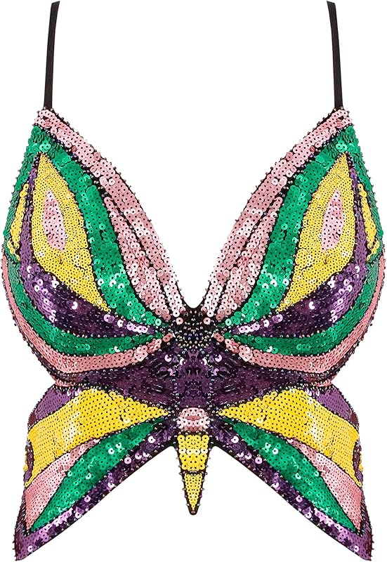 Mocure Womens Glitter Sequin Butterfly Crop Top Low-Cut Tank Top Rave Tube Vest Top for Belly Dance Costume Outfits