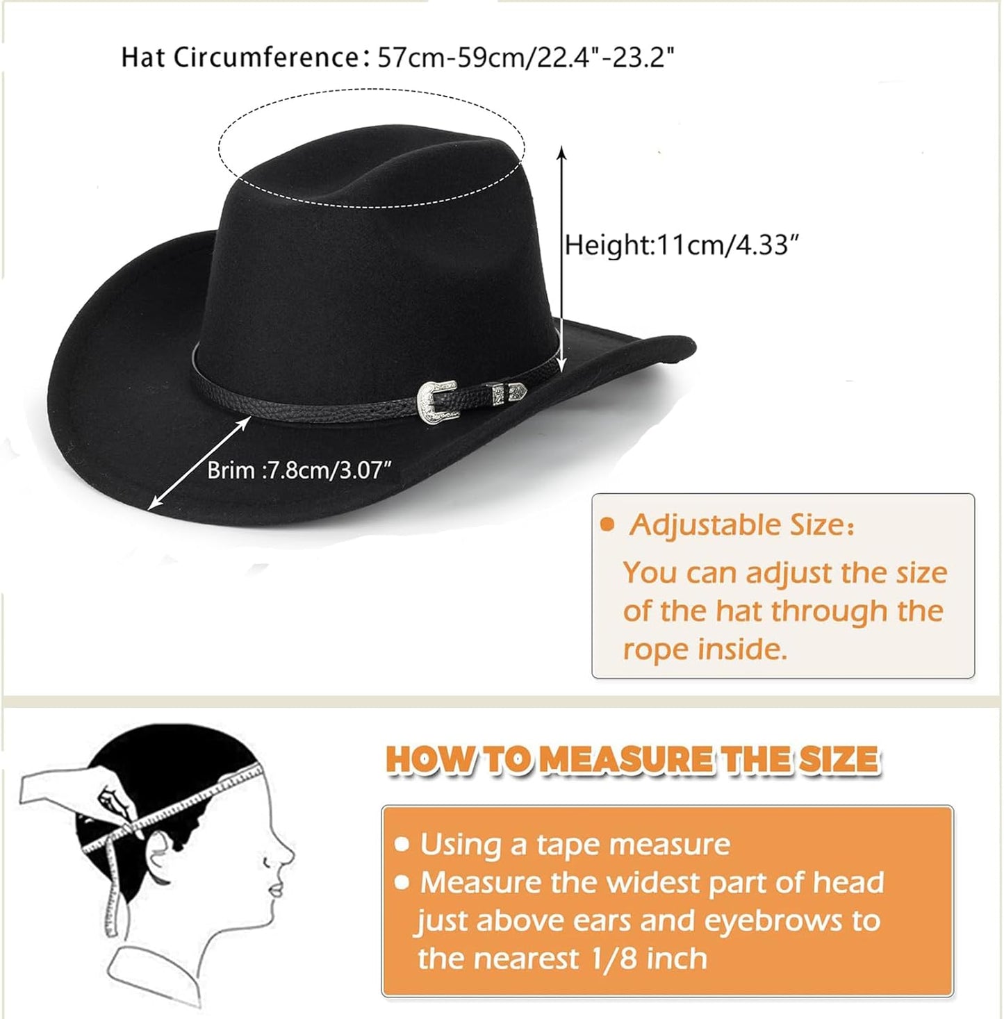 Western Cowboy Hat for Men Women Classic Roll Up Fedora Hat with Buckle Belt(Size:S-M)