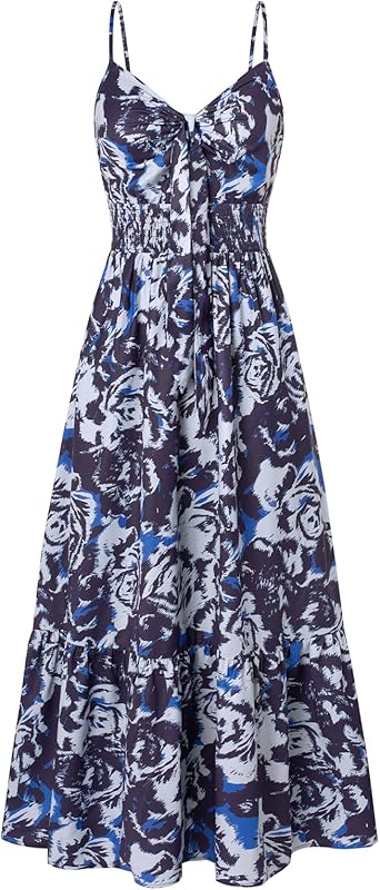 GRACE KARIN Women's 2025 Summer Maxi Dress Floral Tie Front Spaghetti Strap Casual Boho Beach Flowy Sundress with Pockets