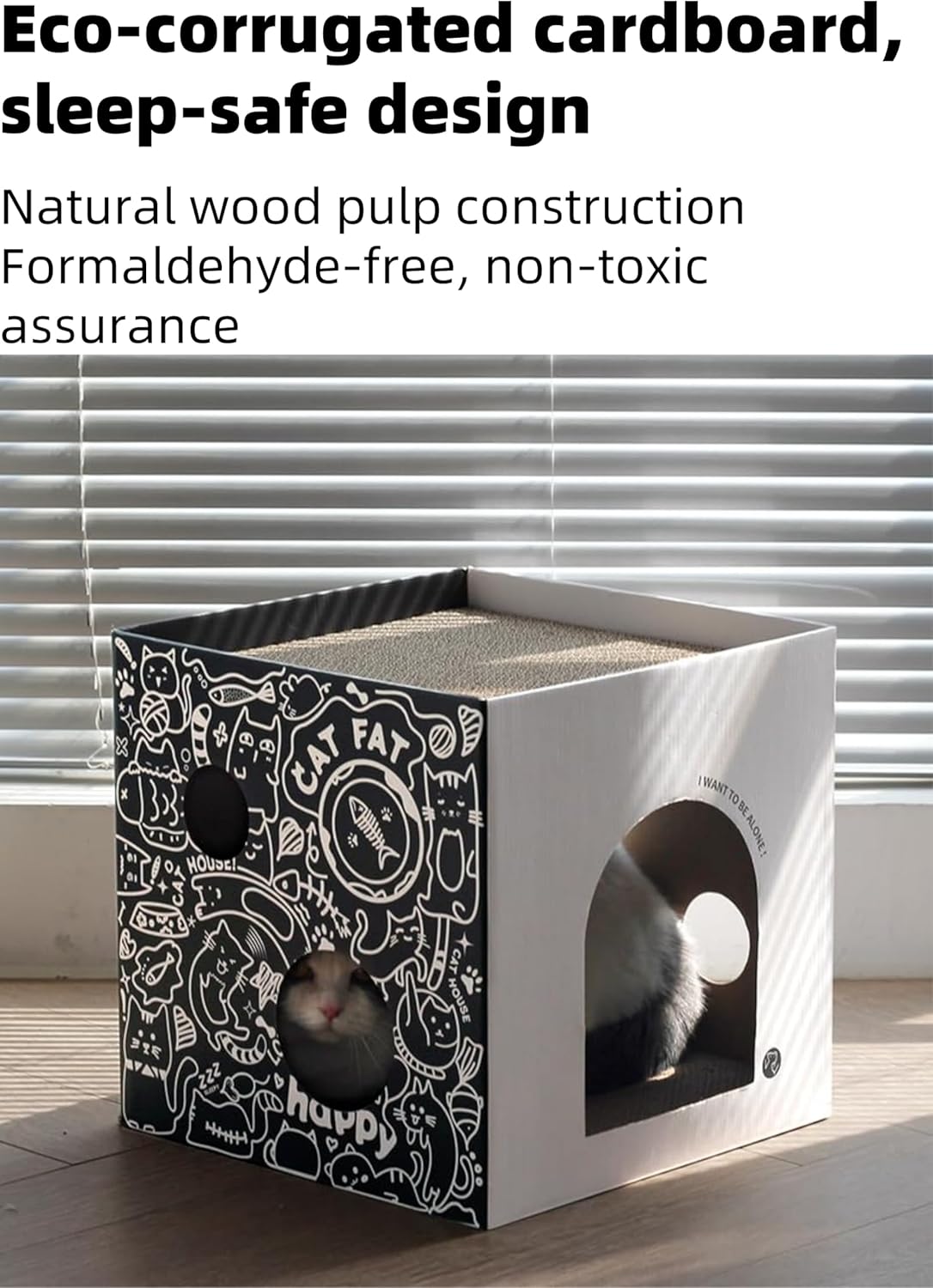 Dual-Level Cat Scratcher & Cozy Cat Cave House - Space-Saving Durable Corrugated Fiberboard for Indoor Cats, Furniture Protector with Adventure-Ready Design Cardboard Cat House