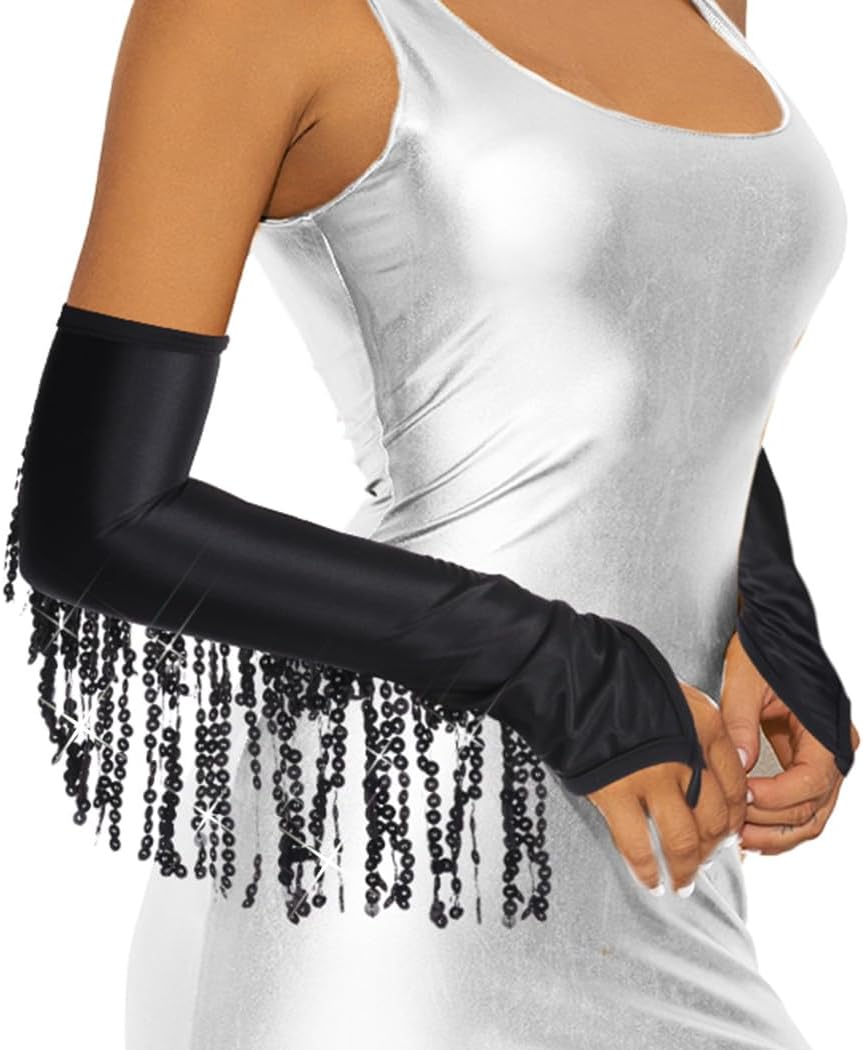 Women 1920s Tassel Glitter Long Gloves Sequin Opera Fingerless Glove Rave Party Satin Arm Sleeves(Black)
