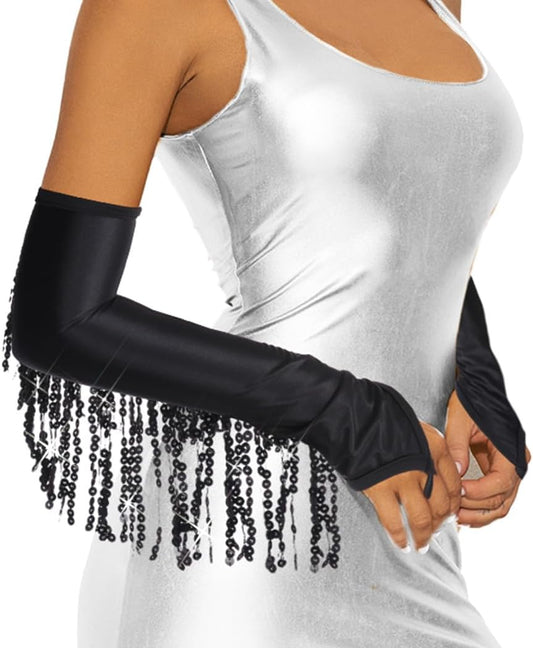 Women 1920s Tassel Glitter Long Gloves Sequin Opera Fingerless Glove Rave Party Satin Arm Sleeves(Black)
