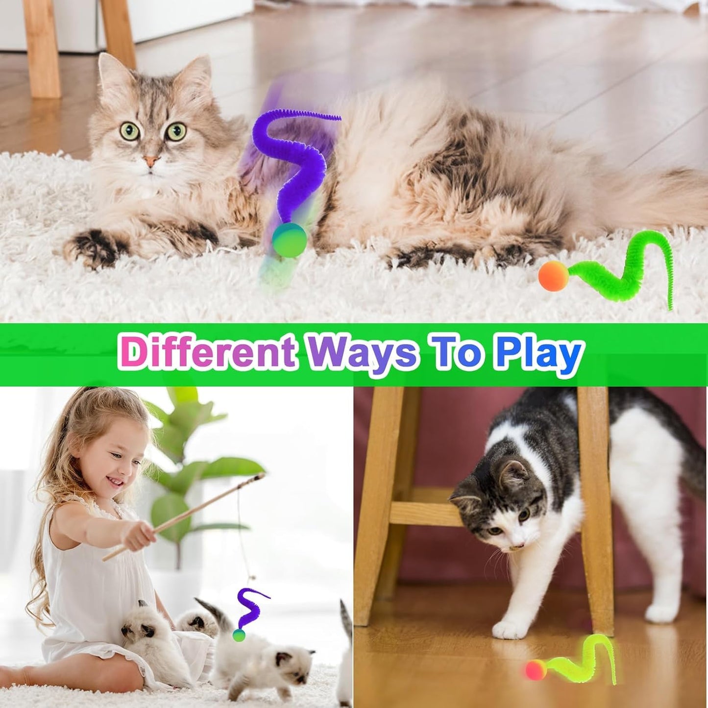 Yuannee Balle Chat,6 PCS Balle Interactive pour Chat avec Plumes Jouet Magique Rebondissant en Caoutchouc Multicolore Balles de Jeu d'Intérieur à Longue Queue Stimulation Motrice pour Chaton & Adulte