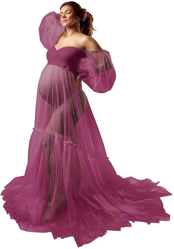 Off Shoulder Tulle Maternity Dress for Photoshoot Puffy Sleeve Wedding Bridal Pregnancy Robe Baby Shower Photography