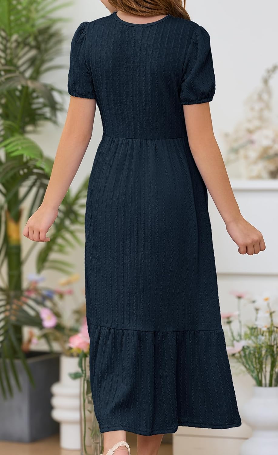 YOVION Girls Maxi Dress Summer Puff Sleeve Crew Neck Tiered Flowy Casual Holiday Dresses with Pockets for 6-12 Y