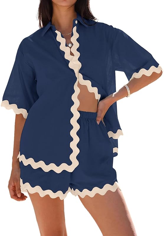 Danedvi Womens 2 Piece Outfits Beach Vacation Summer Short Sleeve Button Down Shirts and Shorts Lounge Sets