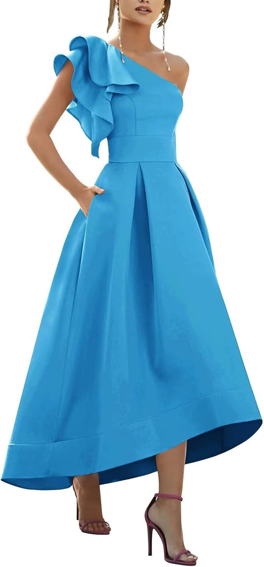One Shoulder Satin Mother of Bride Dresses 2025 High-Low Ruffle Formal Evening Party Gowns