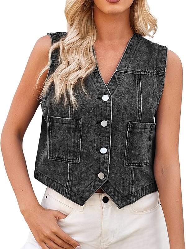 Womens Sleeveless Denim Vest V Neck Button Down Jean Waistcoat Y2K Casual Trendy Loose Fit Lightweight Jackets with Pockets