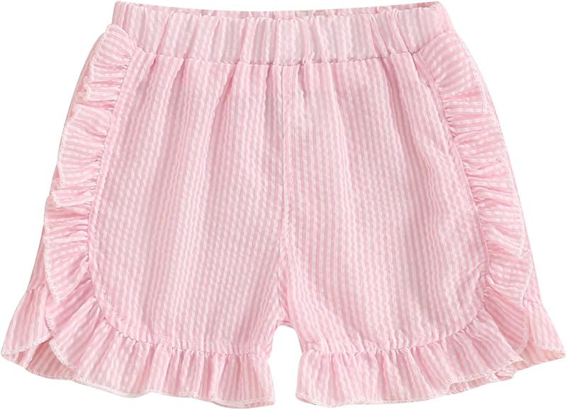 Karuedoo Toddler Baby Girl Shorts Casual Summer Gingham Plaid/Seersucker Elastic Waist Ruffle Hem Shorts Bottoms