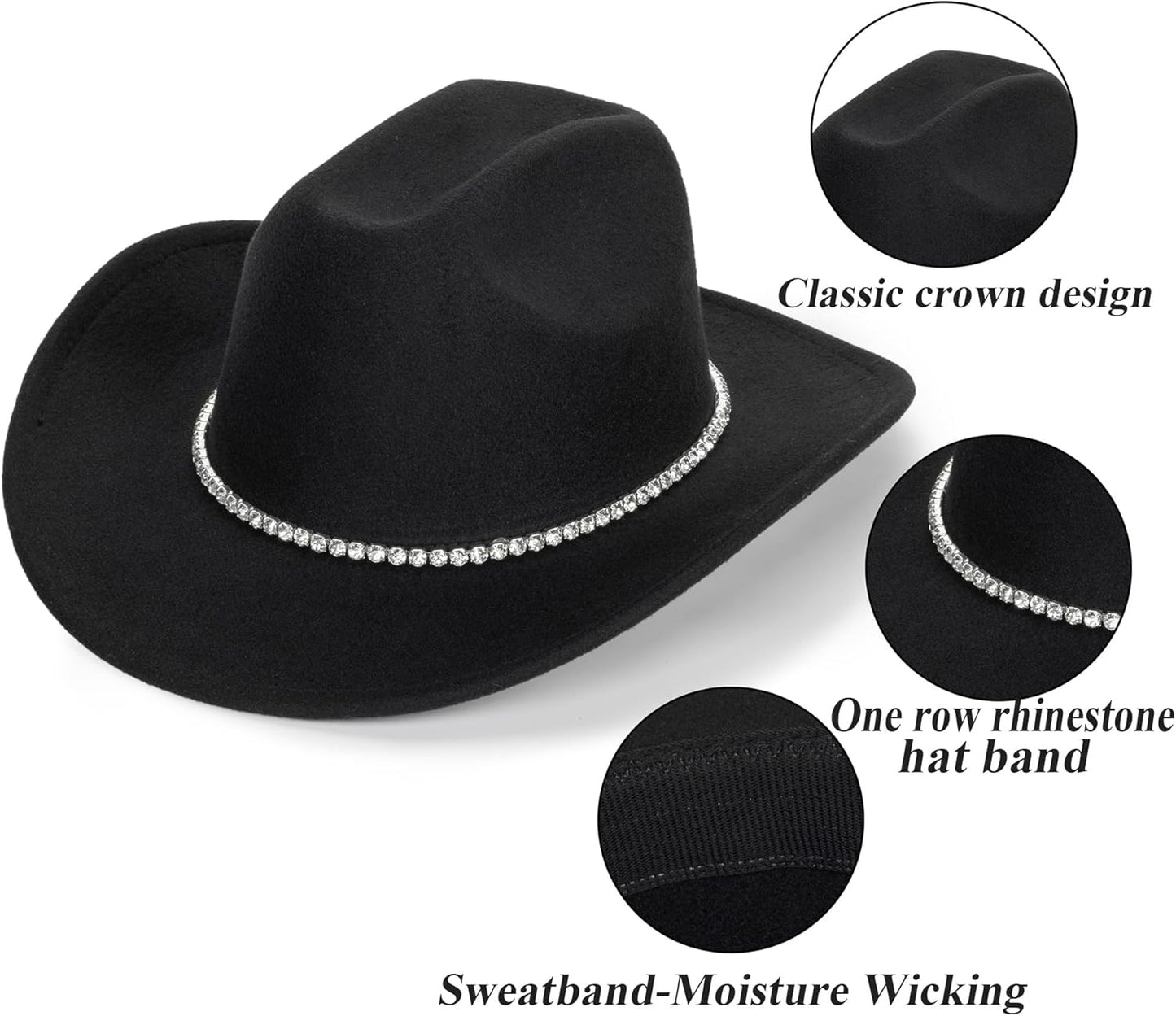 Glitter Silver Black Cowboy Hats for Women - Western Sparkly Rhinestone Cowgirl Hat for Ladies Size M-L
