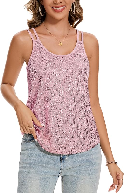 MINTLIMIT Sequin Tops for Women Sleeveless Sparkle Shimmer Tank Tops Glitter Disco Party Camisole Vest Top Blouse Shirt