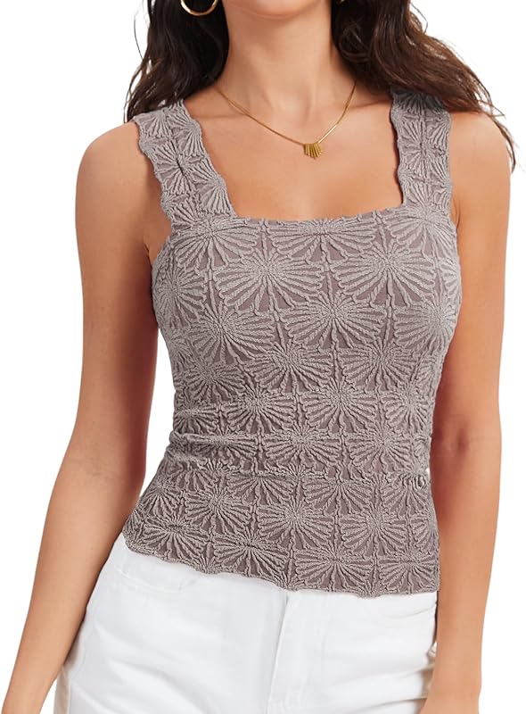 Women's Square Neck Wide Strap Crop Tank Tops Slim Fit Sleeveless Going Out Top Flower Lettuce Trim Cami Tops
