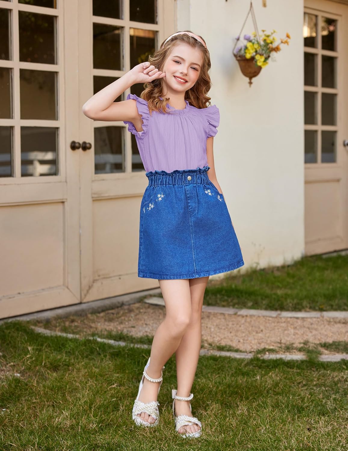 Arshiner Girls Ruffle Short Sleeve Shirts Cute Summer Frill Neck Pleated Textured Blouse Tops