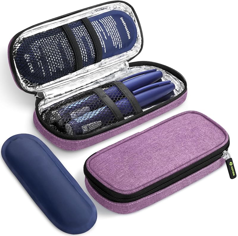 AUVON Insulin Pen Cooler Travel Case with 2 x 90g TSA Approved Ice Packs, Diabetic Medication Insulated Cooling Bag for Insulin Pens and Diabetic Supplies Storage, Compact for Daily Life and Trips