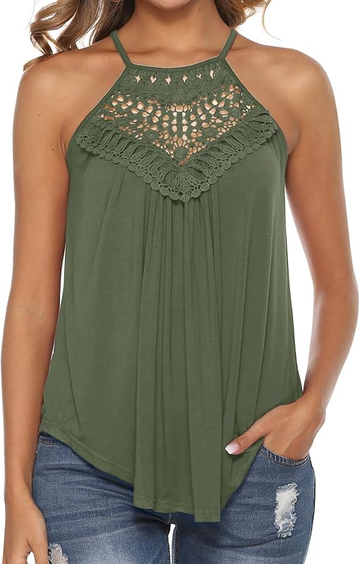 Bluetime Halter Tops for Women Sexy Sleeveless Lace Crochet Dressy Flowy Tank Top Cute Summer Shirts