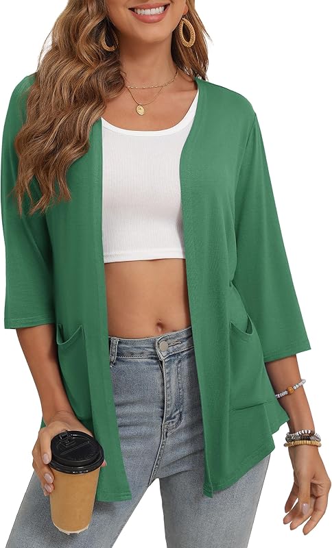 Women's 3/4 Sleeve Open Front Cardigan Casual Loose Lightweight Cardigans with Pockets